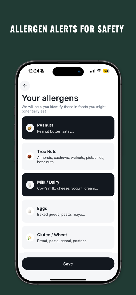 MealScan - Calorie Tracker - MealScan app interface showing food allergen alert settings for safety and diet tracking