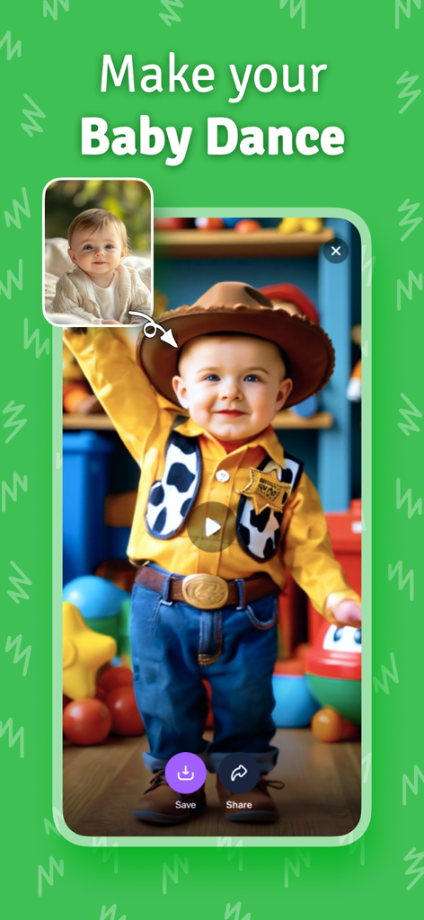 Baby Dance - AI Video - 赤ちゃんの写真をカウボーイの衣装を着た赤ちゃんの動画に変換しているBaby Dance AI Videoアプリのインターフェース。