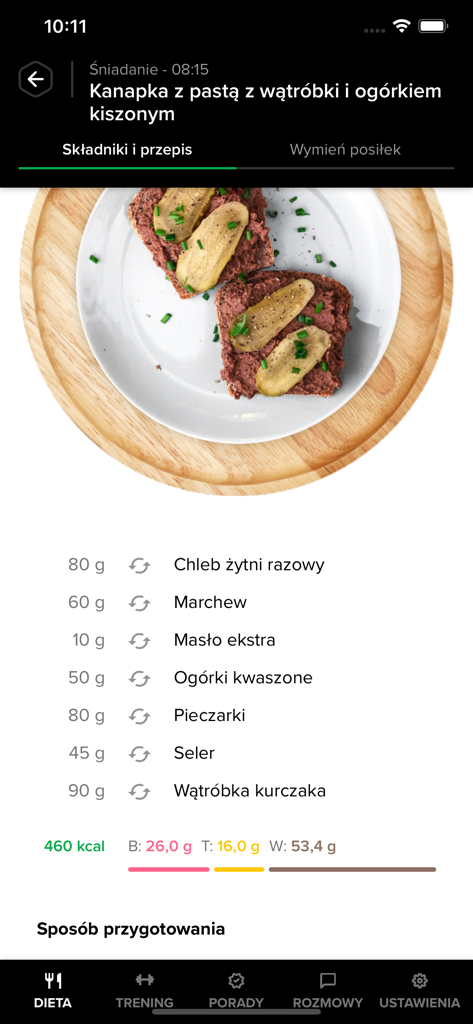 Un écran de plan de repas de l'application PoTreningu montrant une recette et ses ingrédients