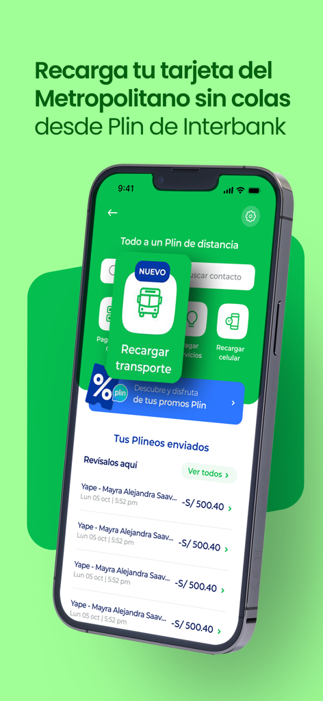 Interbank APP - Smartphone screen showing the Interbank app transport card recharge feature with Plin.