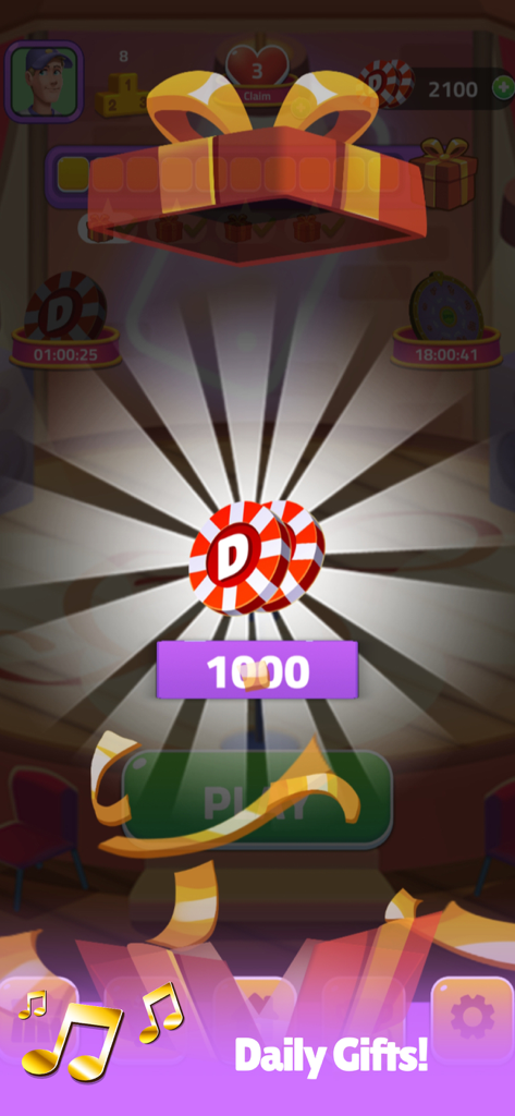 Una pantalla de Dominoes Infinite que muestra una recompensa de regalo diario de 1000 fichas de juego con una animación festiva de caja de regalo.