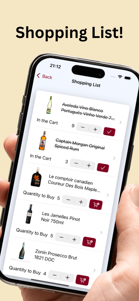 A smartphone screen displaying a shopping list of wine and spirits in the Wine and Cellar Tracker app