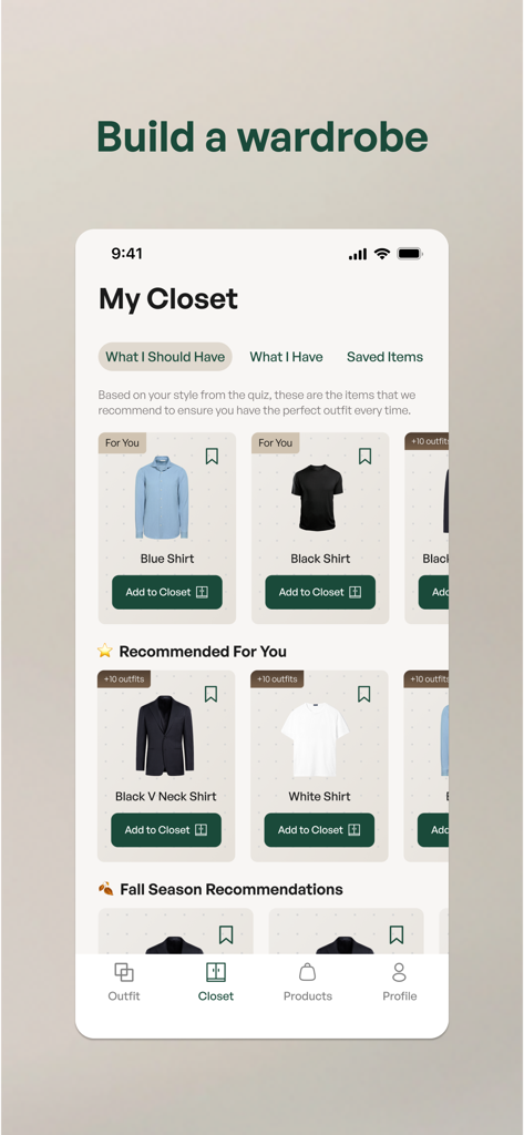 Vestio - Pantalla de la aplicación móvil Vestio que muestra recomendaciones de ropa y gestión de armario digital para un armario cápsula