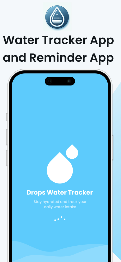 Drops Water Tracker app splash screen on an iPhone with a clean blue interface and hydration reminder