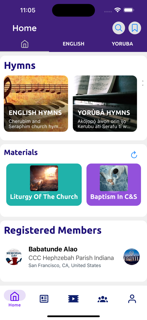 C&S Mobile - The home screen of the C and S Mobile app displaying sections for English and Yoruba hymns church liturgy and community members