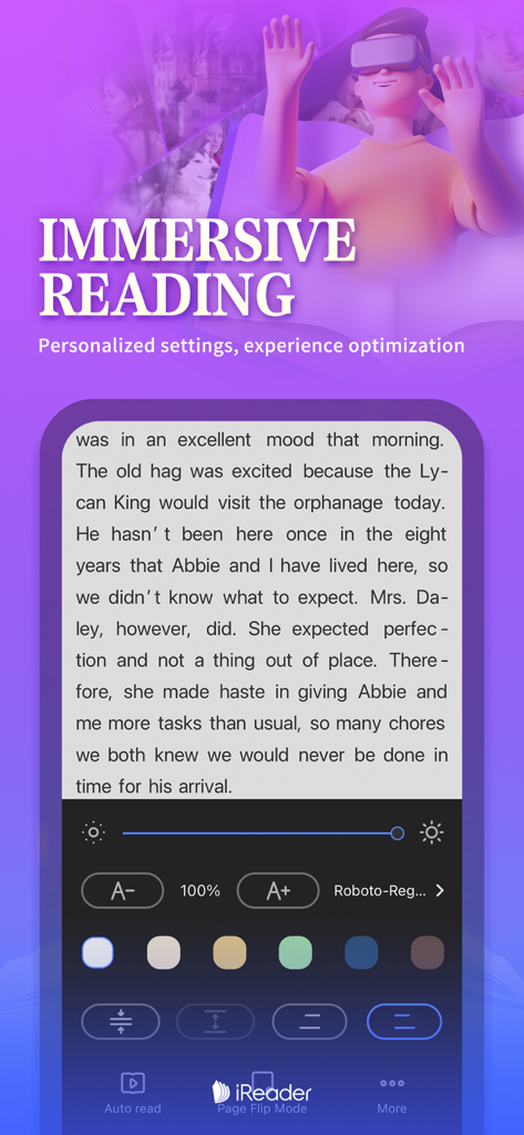 iReader app interface showing personalized reading settings like font size and background colors for a romantic novel