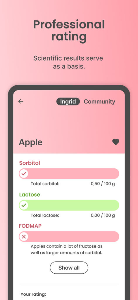 Écran de l'application Ask Ingrid montrant les évaluations scientifiques des intolérances alimentaires pour une pomme, y compris les niveaux de sorbitol et de FODMAP.