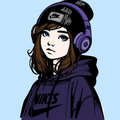 realistic girl wearing a hoodie and a beanie and headphones and nikes