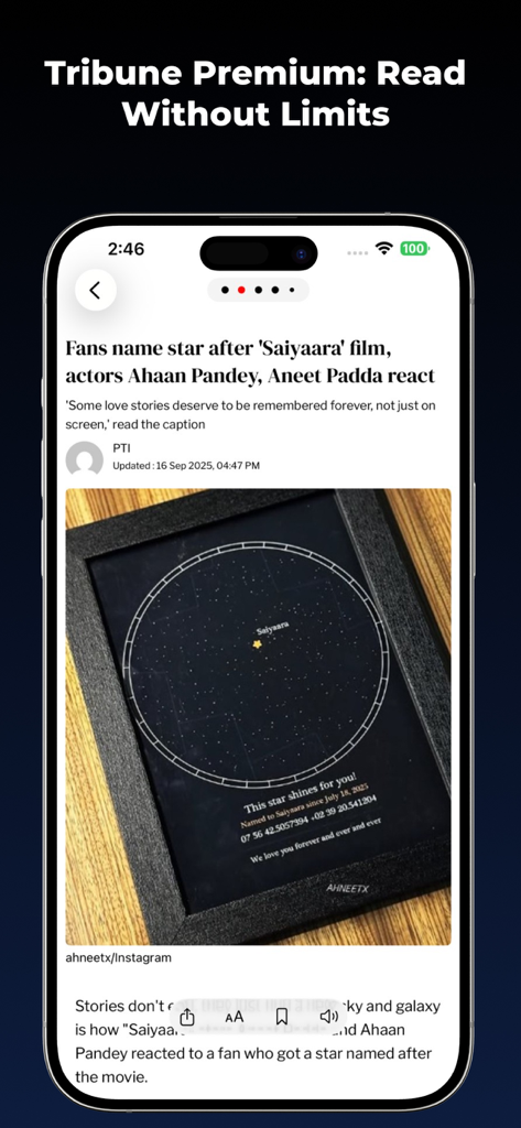 The Tribune - A screenshot of The Tribune mobile app displaying a premium news article about Bollywood actors on a smartphone.