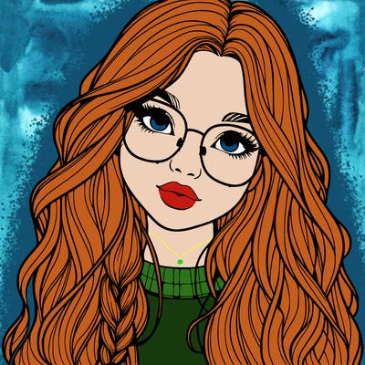 girl with long hair and freckles and glasses realistic
