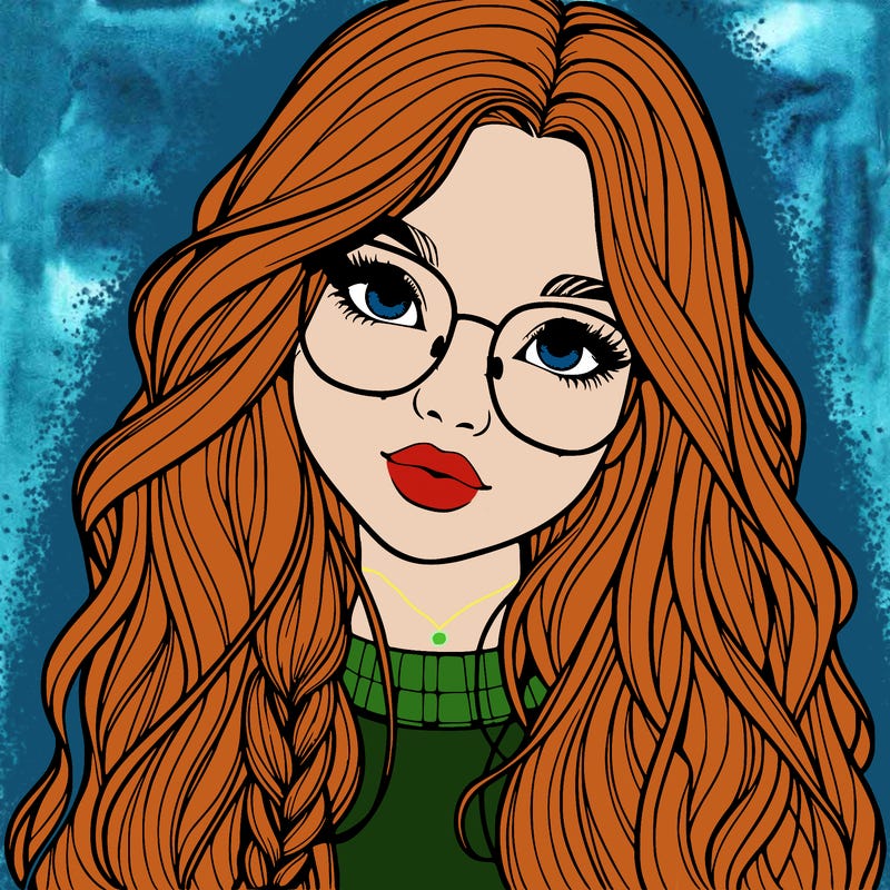 girl with long hair and freckles and glasses realistic
