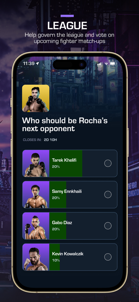 Karate Combat - Vote Live! - Karate Combat app screen for voting on fighter match-ups