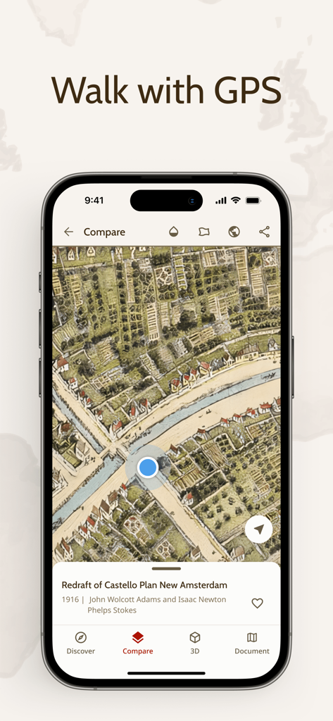 Die OldMapsOnline-App zeigt eine Echtzeit-GPS-Standortmarkierung auf einer historischen Karte von Neu-Amsterdam.