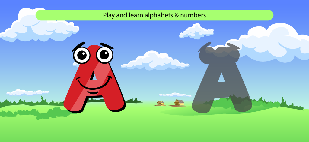 A smiling red letter A in a cartoon landscape for learning the alphabet
