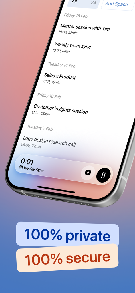 Cue - Smart AI Meeting Notes - Smartphone display showing the Cue app meeting history list with prominent labels for privacy and security