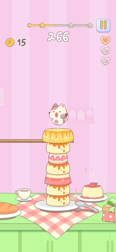 Infinity Cats - Un gato adorable saltando sobre una torre de pudines y pasteles en el juego móvil Infinity Cats