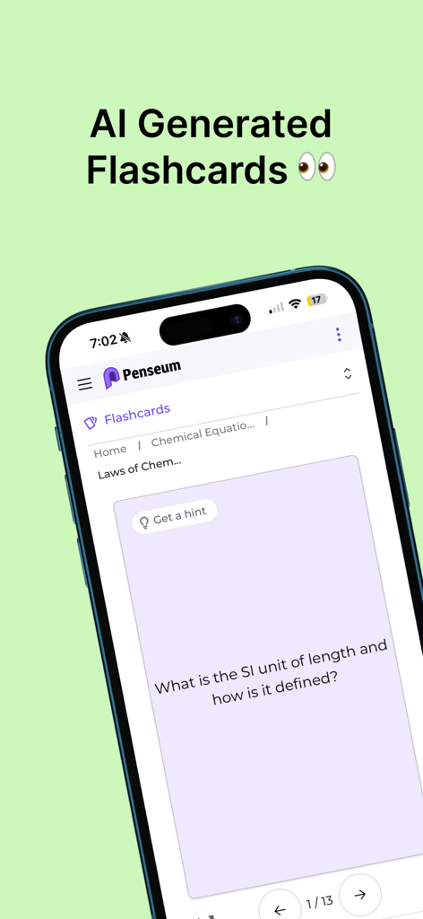 Penseum mobile app interface showing an AI generated flashcard for a chemistry lesson