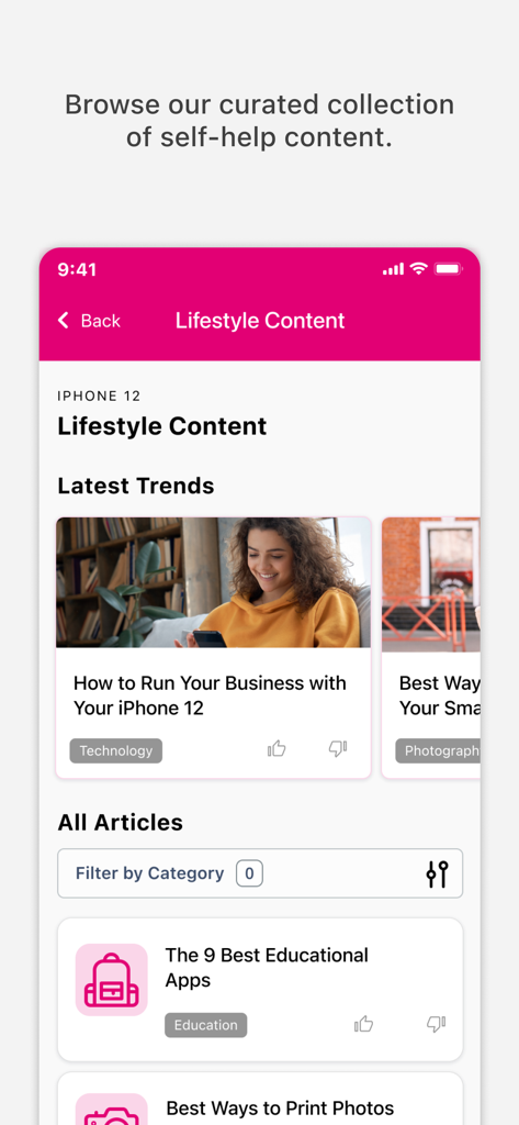 Benutzeroberfläche der Protection 360 App, die eine kuratierte Sammlung von Lifestyle- und Selbsthilfeartikeln für Smartphone-Benutzer anzeigt.