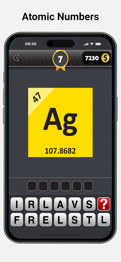 Periodic Table: Elements Quiz - Periodic Table Elements Quiz gameplay showing the chemical element Silver Ag with its atomic number and letter tiles to spell the name