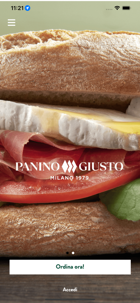 Close-up of a gourmet Italian sandwich on the MY Panino Giusto app welcome screen with an order button