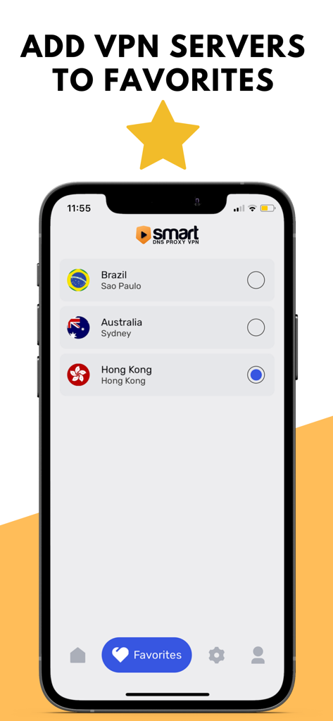 Smart DNS Proxy app interface showing a list of VPN servers and the option to add them to favorites