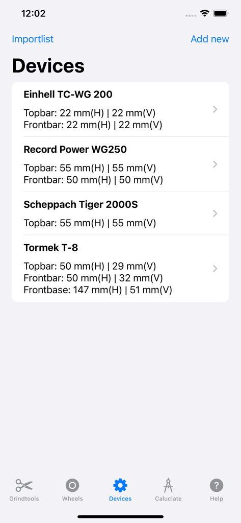 Grindcalculator - Der Gerätebildschirm der Grindcalculator-App, der technische Einstellungen für Tormek und andere Schleifmaschinen anzeigt