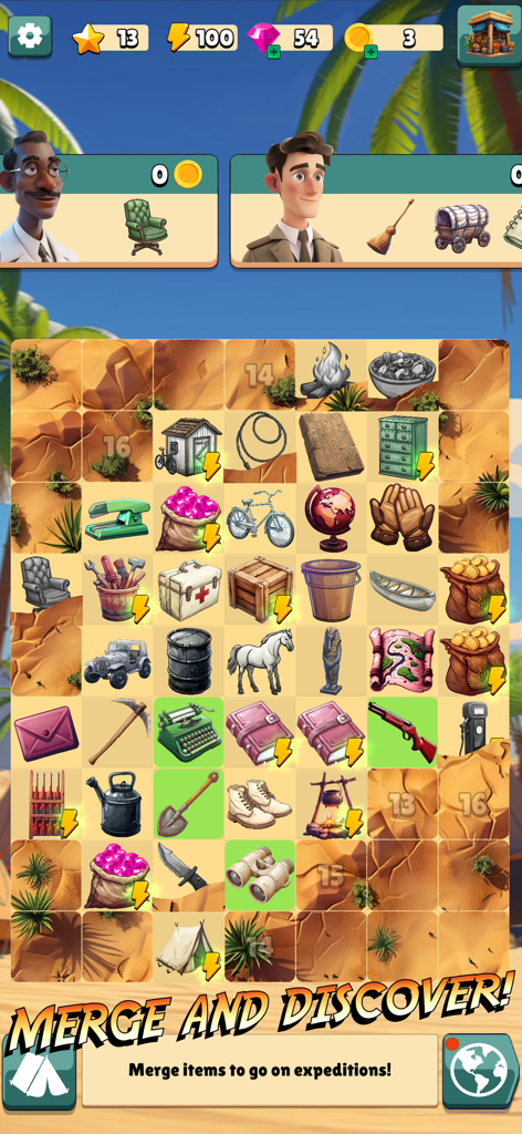 Tomb Trek Match & Merge - Tomb Trek Match and Merge gameplay showing the item merge board and character quest icons.