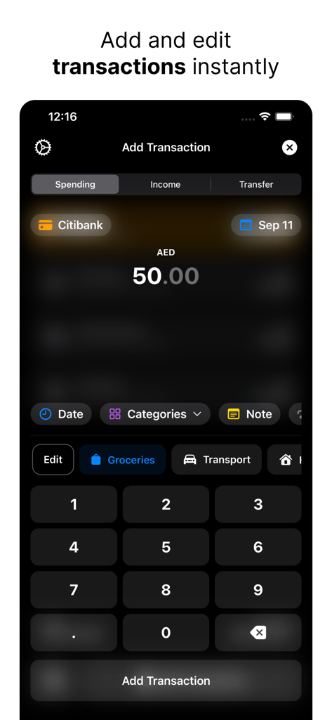 Spendy - Spendings reimagined - A minimalist dark mode screen for adding transactions in the Spendy app.