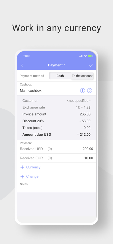 BOSS Small Business Accounting - Tela de smartphone do aplicativo de contabilidade BOSS mostrando um recibo de pagamento com conversão multimoeda entre Euro e USD.