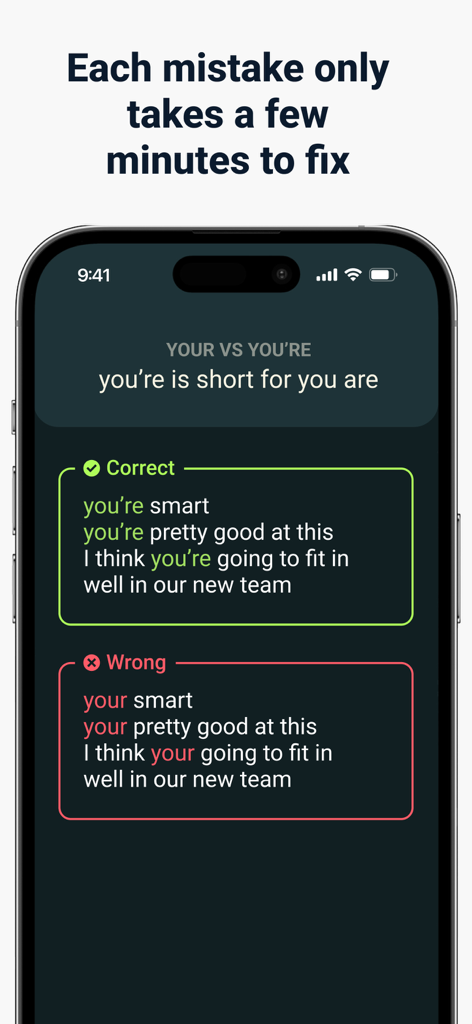 Grammar Fix - 文法修正アプリのスクリーンショット。yourとyou'reの違いを、正しい例と間違った例で説明しています。