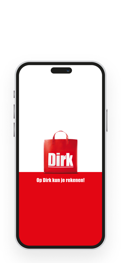 Smartphone exibindo a tela de boas-vindas do aplicativo Dirk Supermarkt com um logotipo de sacola de compras vermelha e um slogan em holandês.