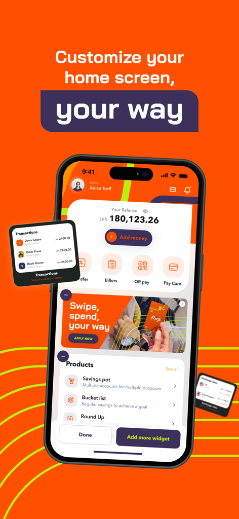 Interface de l'application bancaire numérique FriMi montrant des widgets personnalisables sur l'écran d'accueil pour le solde et les transactions.