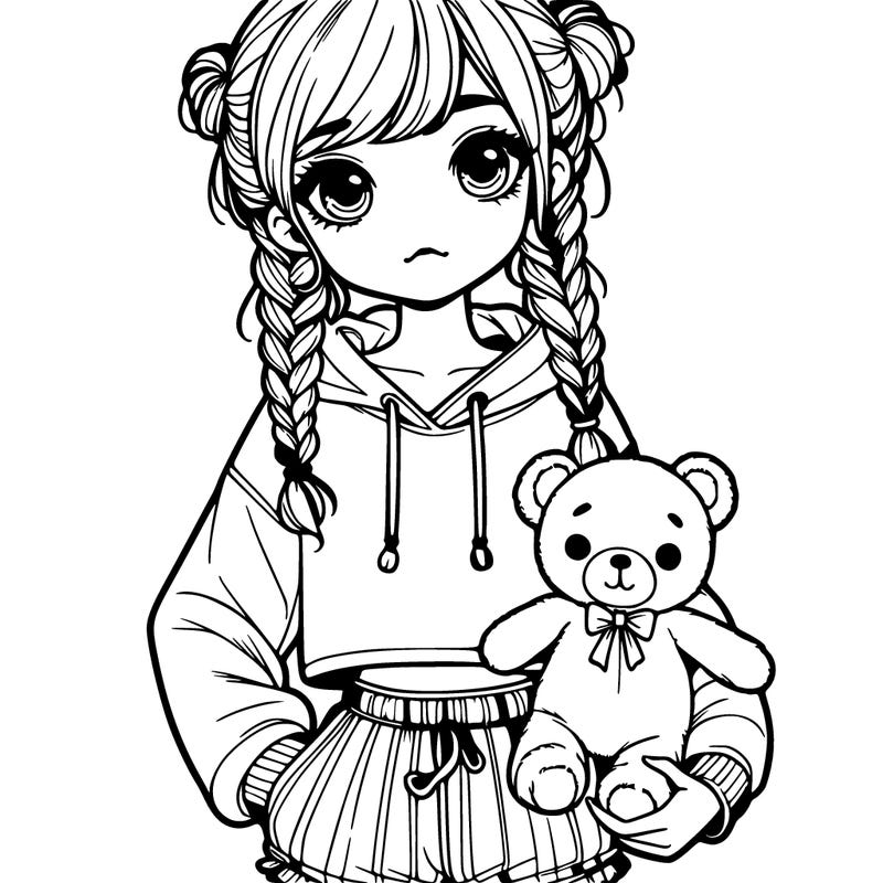girl in cropped hoodie with pig tail braids and a stuffed bear