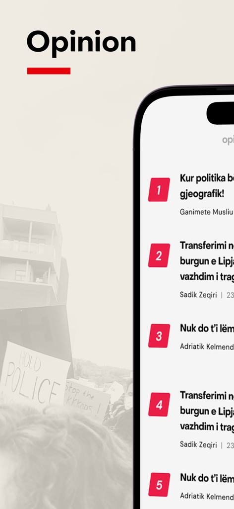 IndeksOnline - IndeksOnline news app interface displaying the opinion section with a numbered list of articles in Albanian.