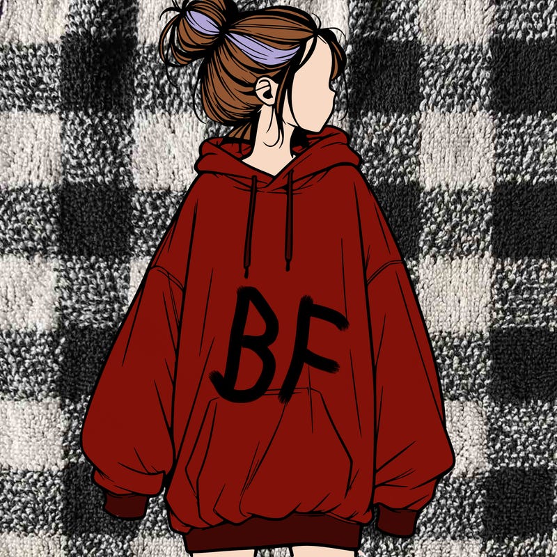 realistic girl with a oversized sweatshirt on and a bun