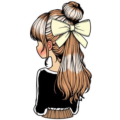 realistic girl  with hip length hair a bun and a big bow on the back of head