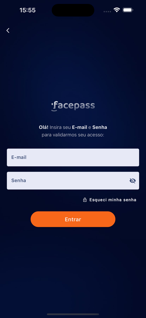 Facepass Pessoal - Login screen of the Facepass Pessoal app with email and password fields