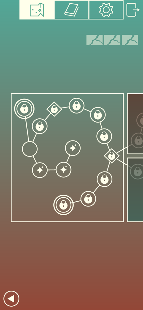 Chronescher - Level-Auswahlmenü in Chronescher, das einen spiralförmigen Fortschrittspfad mit gesperrten Knoten zeigt
