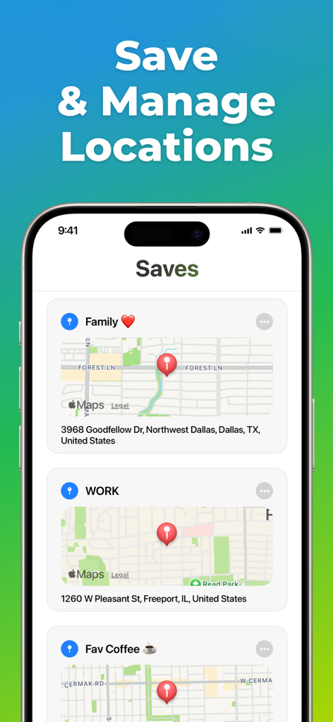 iPhone screen showing a list of saved locations like family and work with integrated maps in the Loc Saver app