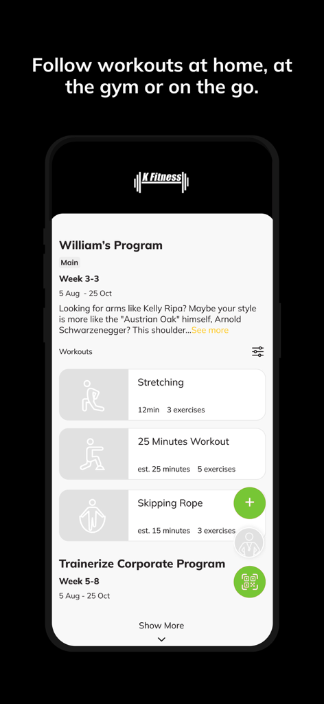 K Fitness - Personalized workout program interface in the K Fitness app showing stretching and jumping rope exercises