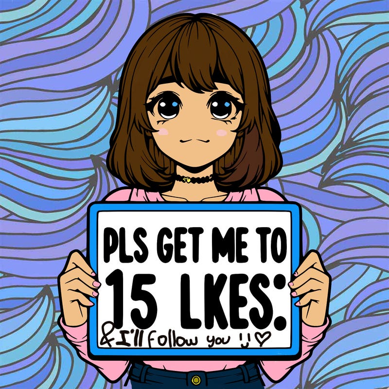 realistic girl holding up a sign that says “pls get me to 15 likes!”