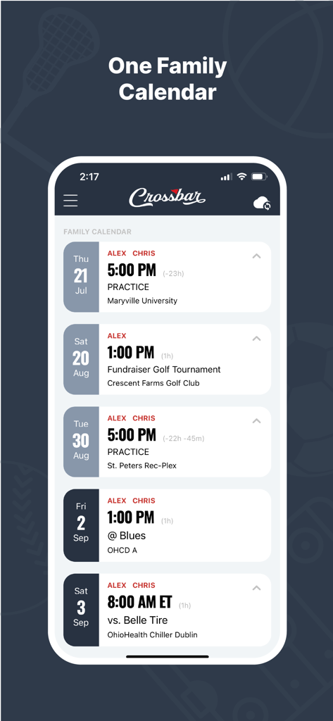Crossbar Mobile app family calendar interface displaying scheduled youth sports practices and games