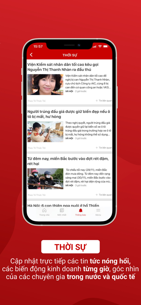 CafeBiz 앱 인터페이스에 베트남어로 비즈니스 및 최신 뉴스 기사가 표시됨