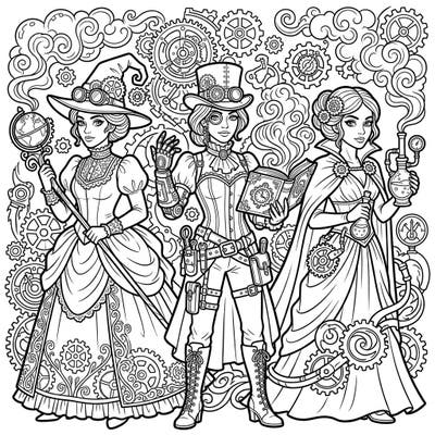 Step into a world where dark magic meets industrial fantasy with this captivating Gothic Steampunk Witches coloring page. Explore intricate details as you bring these enchanting characters and their mechanical world to life.