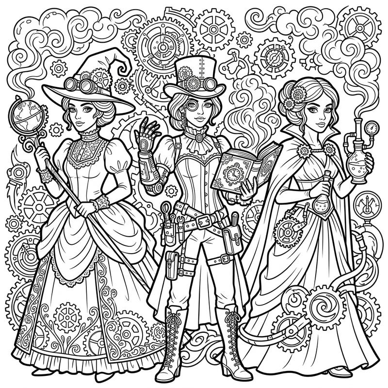 Step into a world where dark magic meets industrial fantasy with this captivating Gothic Steampunk Witches coloring page. Explore intricate details as you bring these enchanting characters and their mechanical world to life.