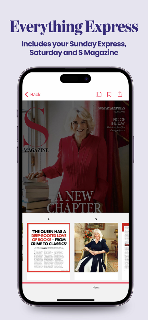 Aplicación Daily Express Newspaper que muestra la réplica digital de S Magazine con la reina Camila en la portada