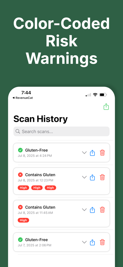Gluten-Free scanner app history screen showing color-coded risk warnings for ingredients containing gluten.