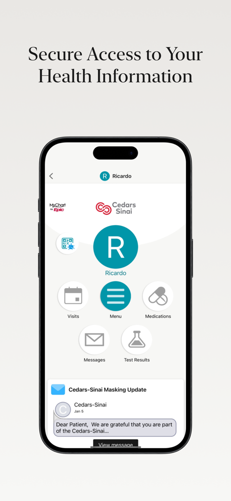 Painel do aplicativo móvel Cedars-Sinai mostrando informações seguras de saúde do paciente