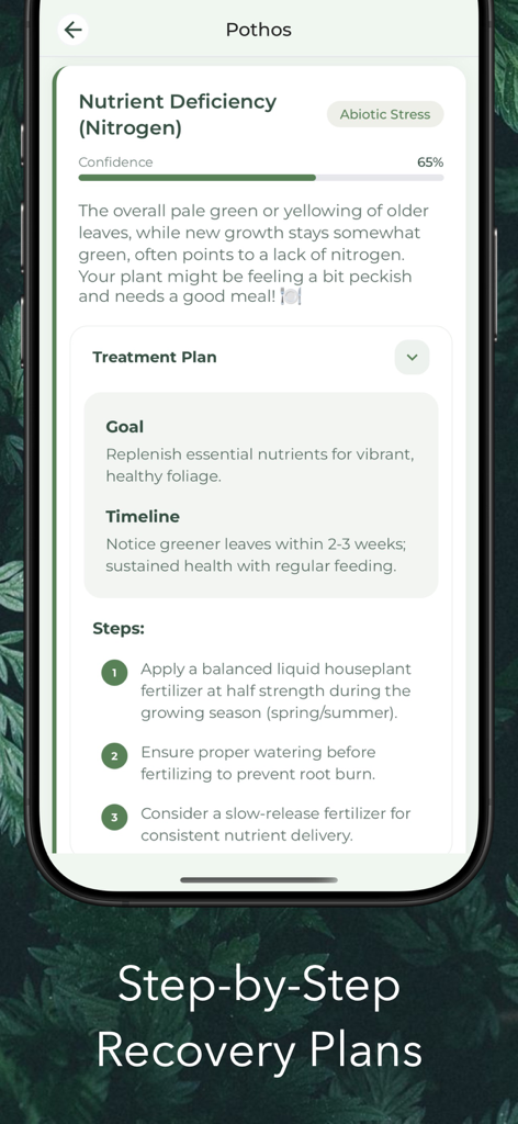 Plant Doctor: AI Disease ID - Aplicación Plant Doctor mostrando un plan de recuperación paso a paso para una Potos con deficiencia de nitrógeno