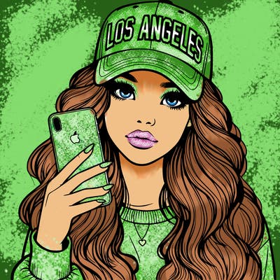 realistic beautiful girl wearing los ángeles cap holding an iphone